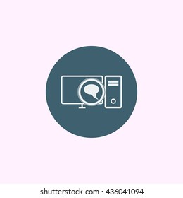 Vector illustration of pc discussion sign icon on blue circle background.