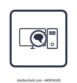 Vector illustration of pc discussion sign icon on blue round background.
