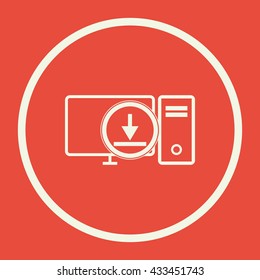 Vector illustration of pc download sign icon on red background.