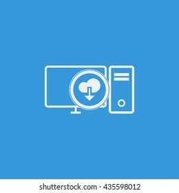 Vector illustration of pc download sign icon on blue background.