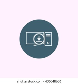 Vector illustration of pc download sign icon on blue circle background.