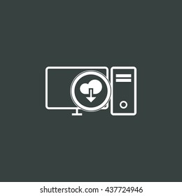 Vector illustration of pc download sign icon on dark background.