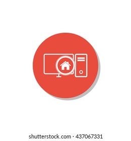 Vector illustration of pc home sign icon on red circle background.