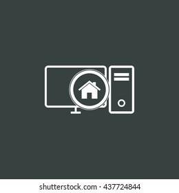 Vector illustration of pc home sign icon on dark background.