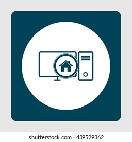 Vector illustration of pc home sign icon on blue background.