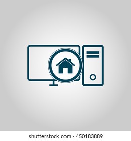 Vector illustration of pc home sign icon on grey background.