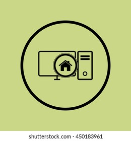 Vector illustration of pc home sign icon on green circle background.
