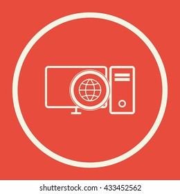 Vector illustration of pc internet sign icon on red background.