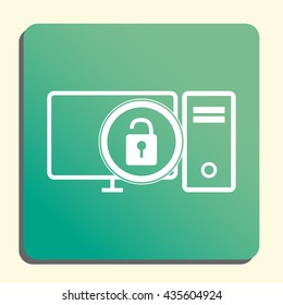 Vector illustration of pc lock open sign icon on green light background.