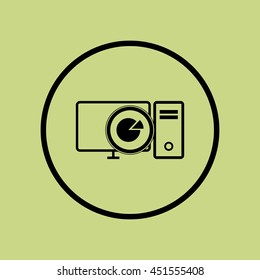 Vector illustration of pc pie graph sign icon on green circle background.