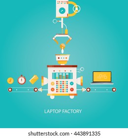 Vector illustration of pc production. Laptop factory.