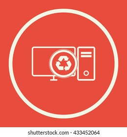 Vector illustration of pc recycle sign icon on red background.