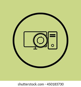 Vector illustration of pc refresh sign icon on green circle background.