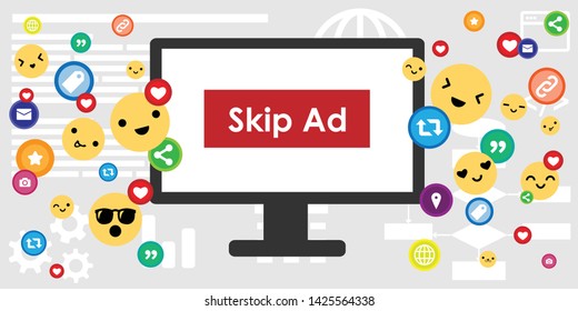 vector illustration of PC screen and emoji or social media icons for ecommerce advertisement and skip ad button visual