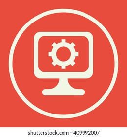 Vector illustration of PC settings sign icon on red background.