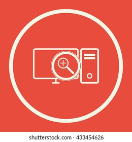 Vector illustration of pc zoom in sign icon on red background.