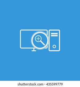 Vector illustration of pc zoom in sign icon on blue background.
