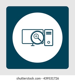 Vector illustration of pc zoom in sign icon on blue background.