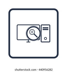 Vector illustration of pc zoom in sign icon on blue round background.