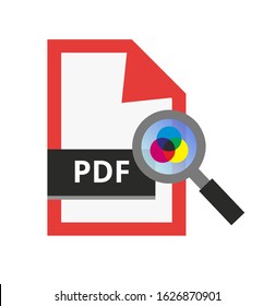 Vector Illustration Of Pdf Preflight Check. Pdf Icon With Magnifying Glass. Prepress Concept. Useful As Icon For Graphic Arts, Printing And Design Industry. Icon Is Isolated On A White Background.