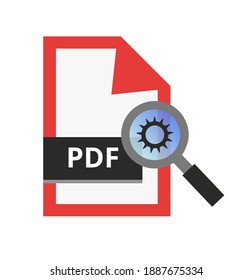 Vector illustration of pdf preflight check or correction. PDF with a magnifying glass and gear. Prepress and publishing concept. Printing, graphic, and design industry. Poorly or well-prepared PDF.