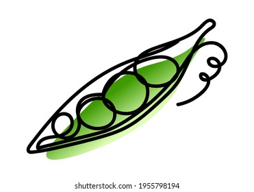 Vector illustration of pea pod in one line endless style. Green abstract spot background. Can be applied as a sticker, icon, logo.