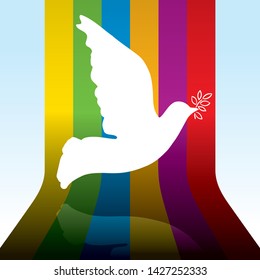 Vector illustration. Peace dove flying over 3D rainbow background.
