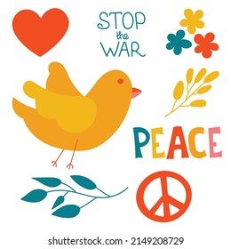 Vector illustration with peace and love symbols. The collection includes dove, olive branches, heart, flowers, symbol and world "peace", "stop the war". Bright illustration in cartoon style.