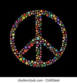 Vector illustration  Peace sign  made up a lot of  multicolored small flowers on the black background