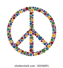 Vector illustration Peace sign made up a lot of multicolored small flowers on the black background