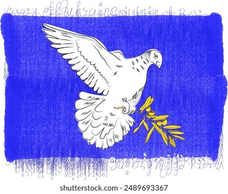 Vector illustration of a peace symbol, a white dove with an olive branch in its paws on a heterogeneous blue background of handwriting and letters.