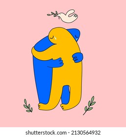 Vector Illustration . Peace. Two Person Hugging And Crying. No War