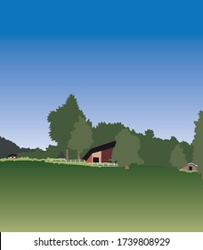 ilustración vectorial del paisaje de las casas forestales pacíficas. vista panorámica