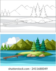 Vector illustration of a peaceful lakeside landscape