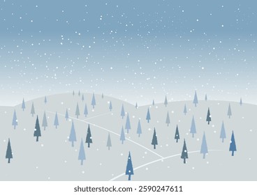 Vector illustration. Peaceful landscape serene winter scene. Snow mountain, pine tree and blue sky. Winter background.