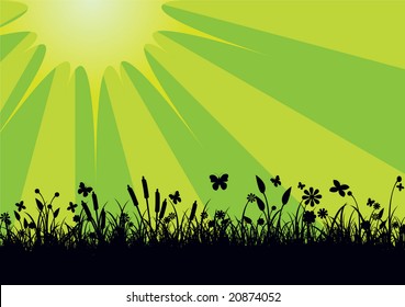 Vector illustration of Peaceful landscape with Silhouette of flowers, grass and   butterfly