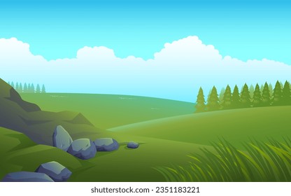 Vector illustration of a peaceful meadow. A tranquil landscape embraced by nature's beauty, ideal for adding serenity and freshness to your creative projects