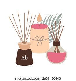 Vector illustration of a peaceful meditation setup: aroma oils, candle, aromatic diffusers, tropical greenery. Ideal for wellness banners and posters