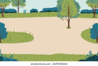 Ilustração vetorial de um parque pacífico com árvores verdes exuberantes e um caminho sinuoso. O cenário tranquilo captura a essência da natureza, ideal para fundos e designs.