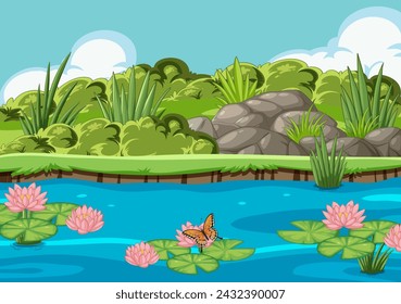 Ilustración vectorial de una escena de estanque tranquilo con flora y fauna.