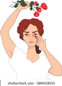 Vektorgrafik friedlicher Proteste in Belarus. Eine junge Frau hält Blumen in einer Hand, während sie die Tränen aus Blut wegrieb.  Obwohl sie Schmerzen hat, ist Kummer, dass sie beabsichtigt, unaggressiv zu bleiben.