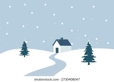 Vector illustration of a peaceful snowscape with a small house, a winding path, and pine trees under a light blue, snow-covered sky. Calm and cozy atmosphere
