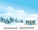 Vector illustration of a peaceful winter landscape with snow-covered houses, pine trees, and falling snowflakes under a clear blue sky. Perfect for Christmas cards and holiday designs.