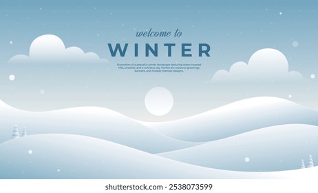 Vector illustration of a peaceful winter landscape featuring snow-covered hills, snowfall, and a soft blue sky. Perfect for seasonal greetings, banners, and holiday-themed designs.