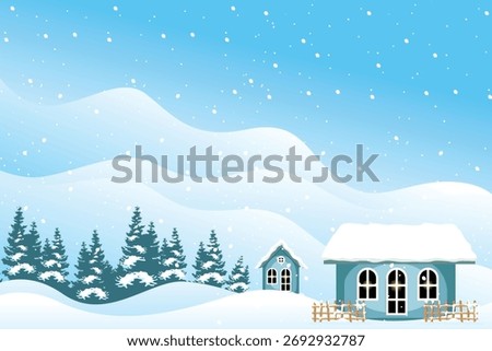 Vector illustration of a peaceful winter landscape with snow-covered houses, pine trees, and falling snowflakes under a clear blue sky. Perfect for Christmas cards and holiday designs.