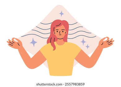 Vector illustration of peaceful woman with serene face and outstretched hands in meditative pose, fingers gently joined. Balance, mindfulness, inner peace and harmony concept, psychology theme