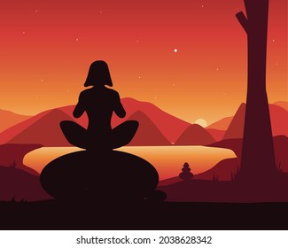 Vector illustration, peacefull scenery surrounded by vast mountains with woman meditating background.