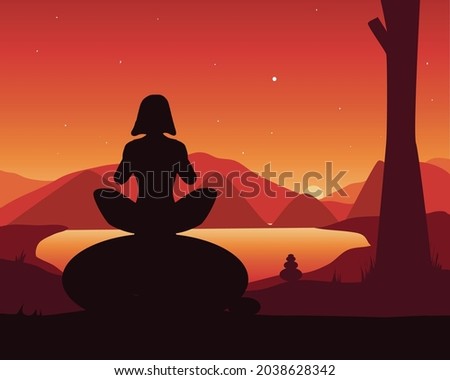 Vector illustration, peacefull scenery surrounded by vast mountains with woman meditating background.