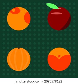 Vektorgrafik mit Pfirsich, Apfel, Tangerinen in einfachen geometrischen Formen. Geruchter Hintergrund mit Früchten