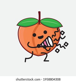 Vector Illustration of Peach Fruit Character with cute face, simple hands and leg line art on Isolated Background. Flat cartoon doodle style.